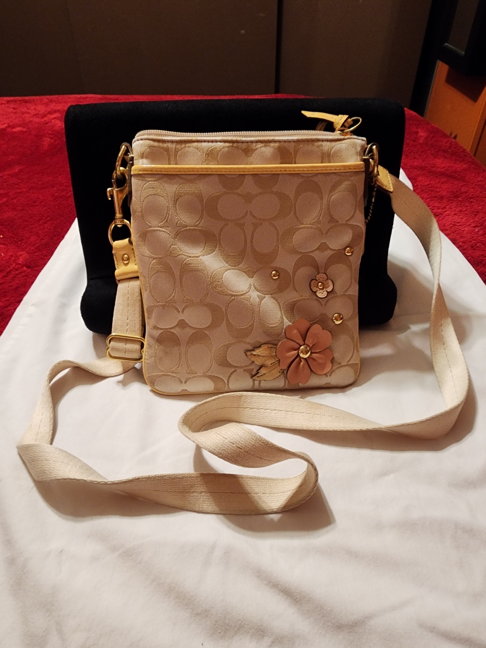 Coach Beige Signature Crossbody with Floral Appliqué